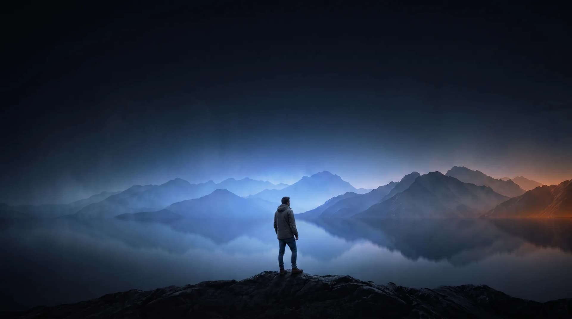 Un homme vu de dos, debout sur un promontoire rocheux, contemplant une chaîne de montagnes brumeuses et un lac miroir à l'heure bleue